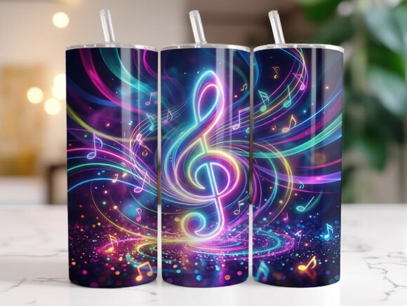 Neon Treble Clef Music Notes Tumbler PNG