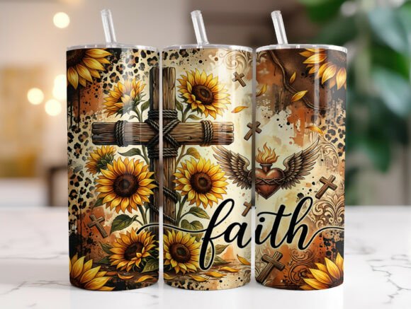 Rustic Sunflower Cross Faith Tumbler PNG